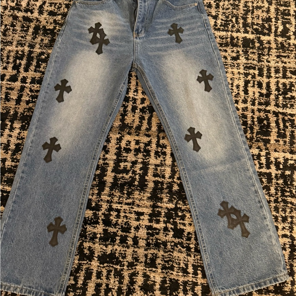 Chrome Hearts Relaxed Blue and Black Jeans with Cross Patterns